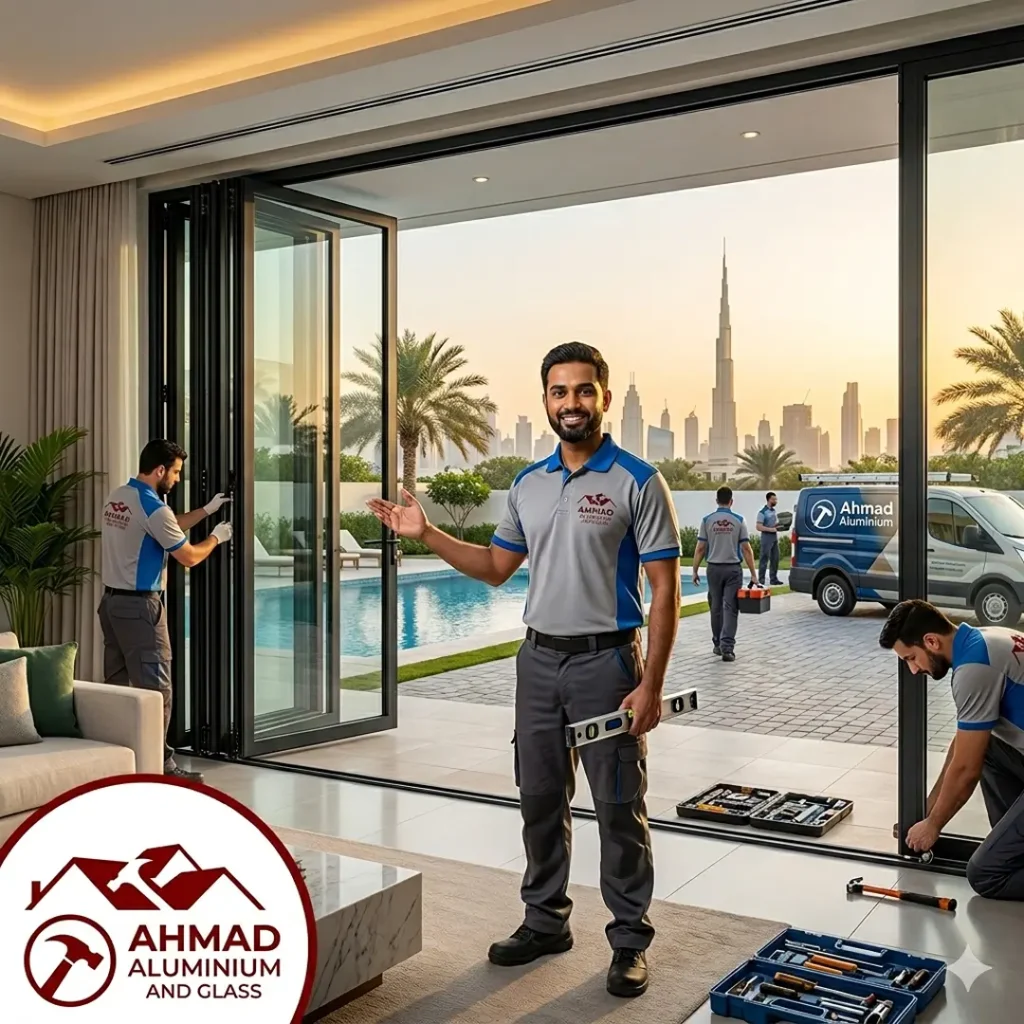 High-end aluminium folding bifold doors opening to a garden, installed by Ahmad Aluminium.