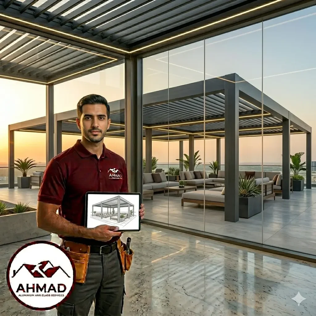 Custom white aluminium louvered pergola with LED lighting for outdoor living by Ahmad Aluminium.