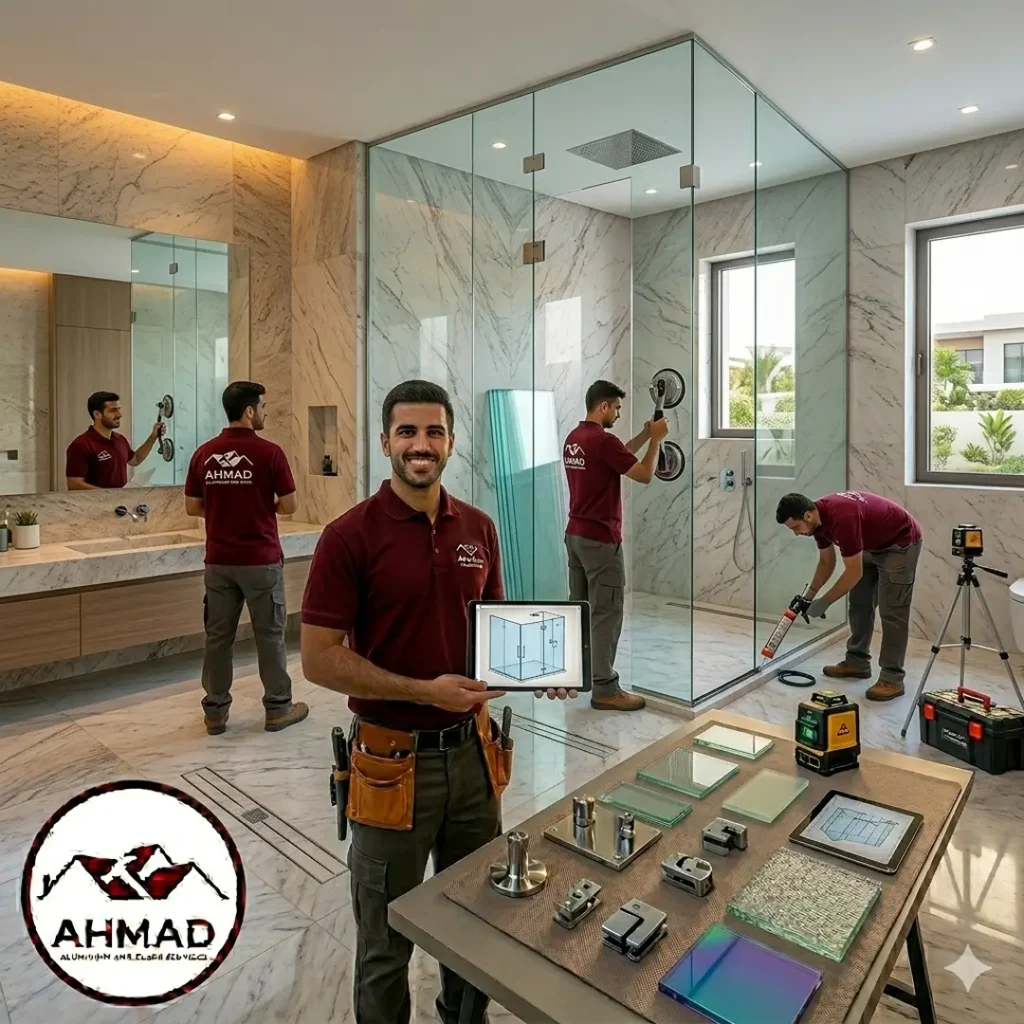 Custom frameless tempered shower glass partition and enclosure by Ahmad Aluminium technicians.