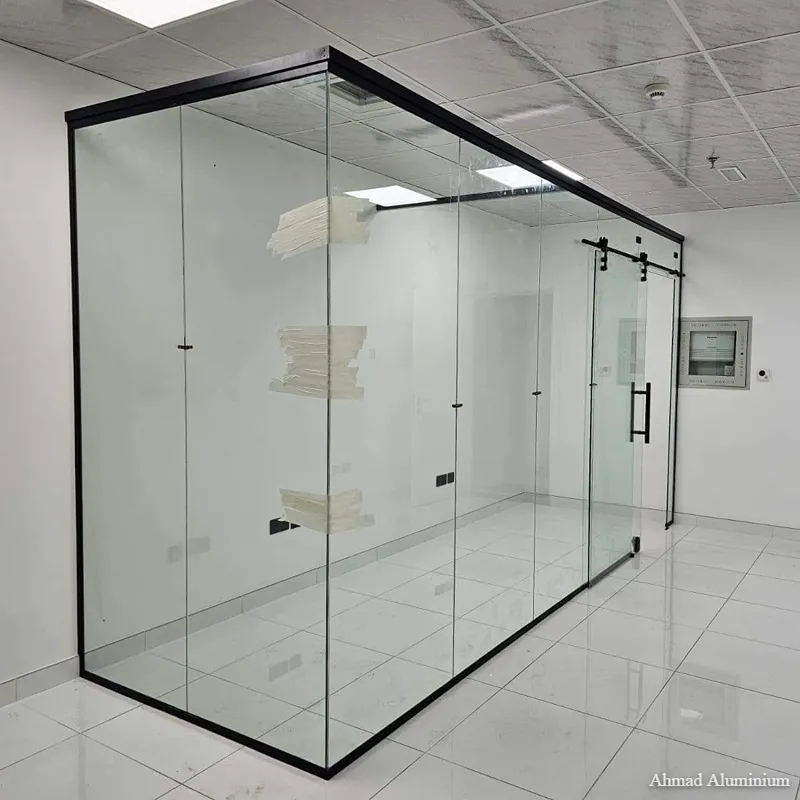 Professional glass entry door with a heavy-duty stainless steel D-handle and floor spring installation.