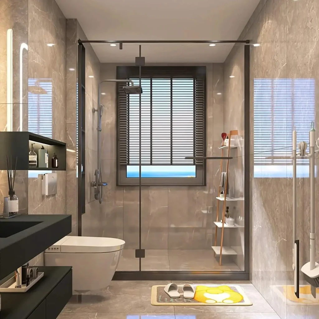 Luxury frameless tempered glass shower door with minimalist chrome hinges for a modern bathroom.