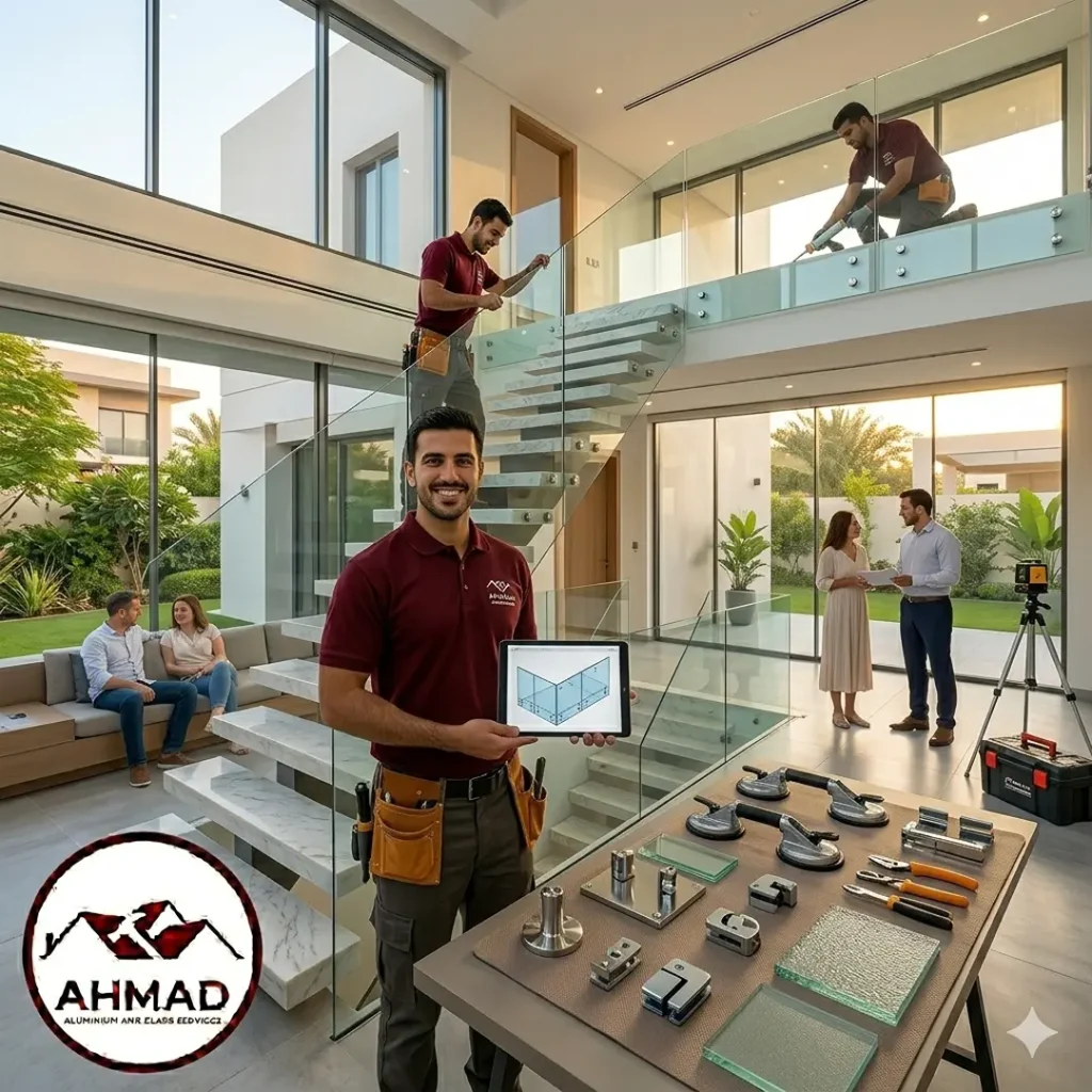 Frameless glass staircase railing with stainless steel fittings installed by Ahmad Aluminium.