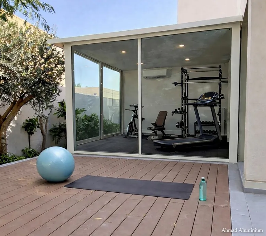 Modern glass home gym extension with black aluminium frames in Dubai villa garden.