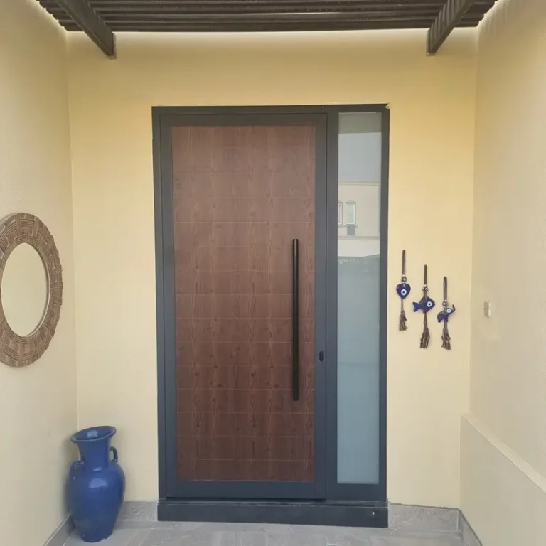 Luxury black aluminium pivot door with side glass panel for a modern villa entrance.