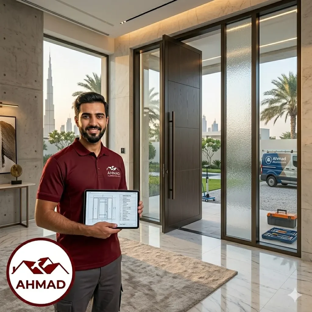 Modern luxury aluminium pivot front door installation for a villa by Ahmad Aluminium Dubai.