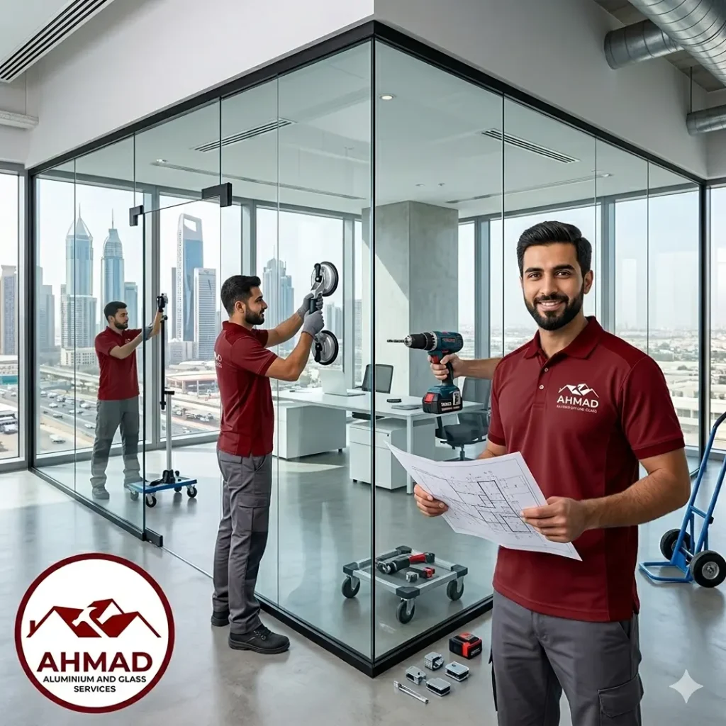 Modern office glass partition walls with slim black aluminium frames installed by Ahmad Aluminium.