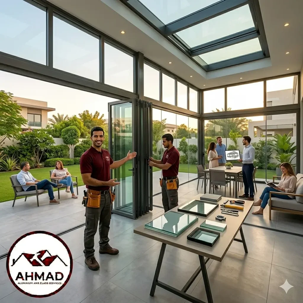 Luxury garden glass room extension with floor-to-ceiling sliding walls by Ahmad Aluminium.