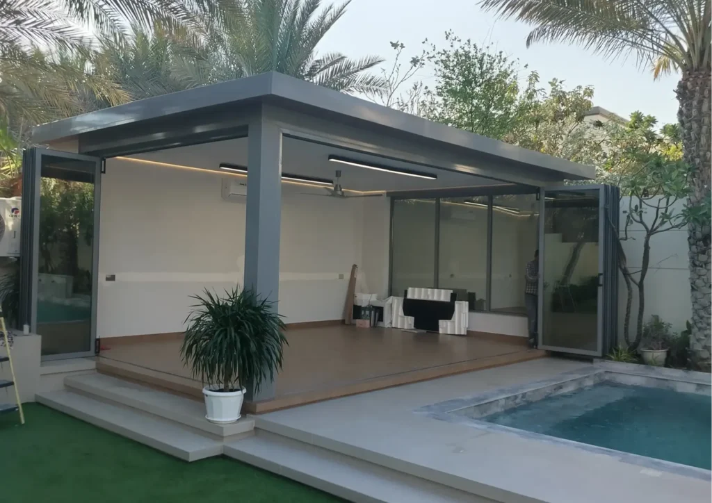 Residential patio folding door system with smooth-gliding bottom tracks and multi-point lock.