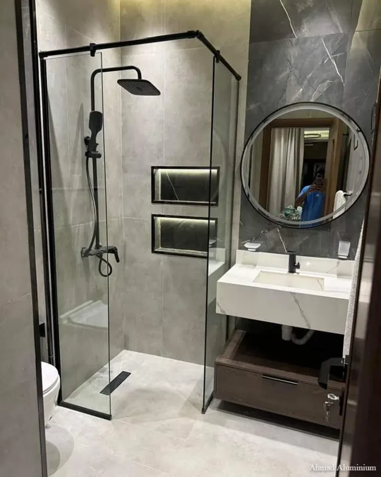 Walk-in fixed glass shower partition with floor-to-ceiling support bar.