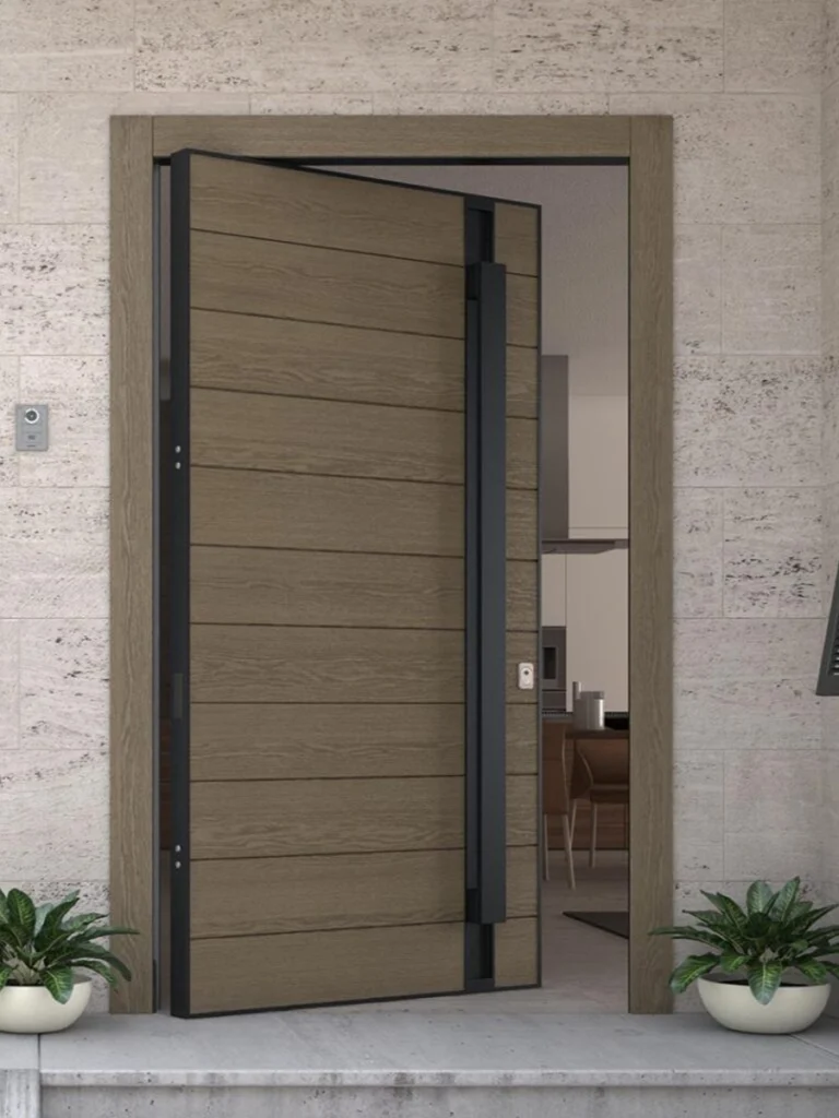 Modern anthracite grey aluminium front door for a luxury residential villa entrance.
